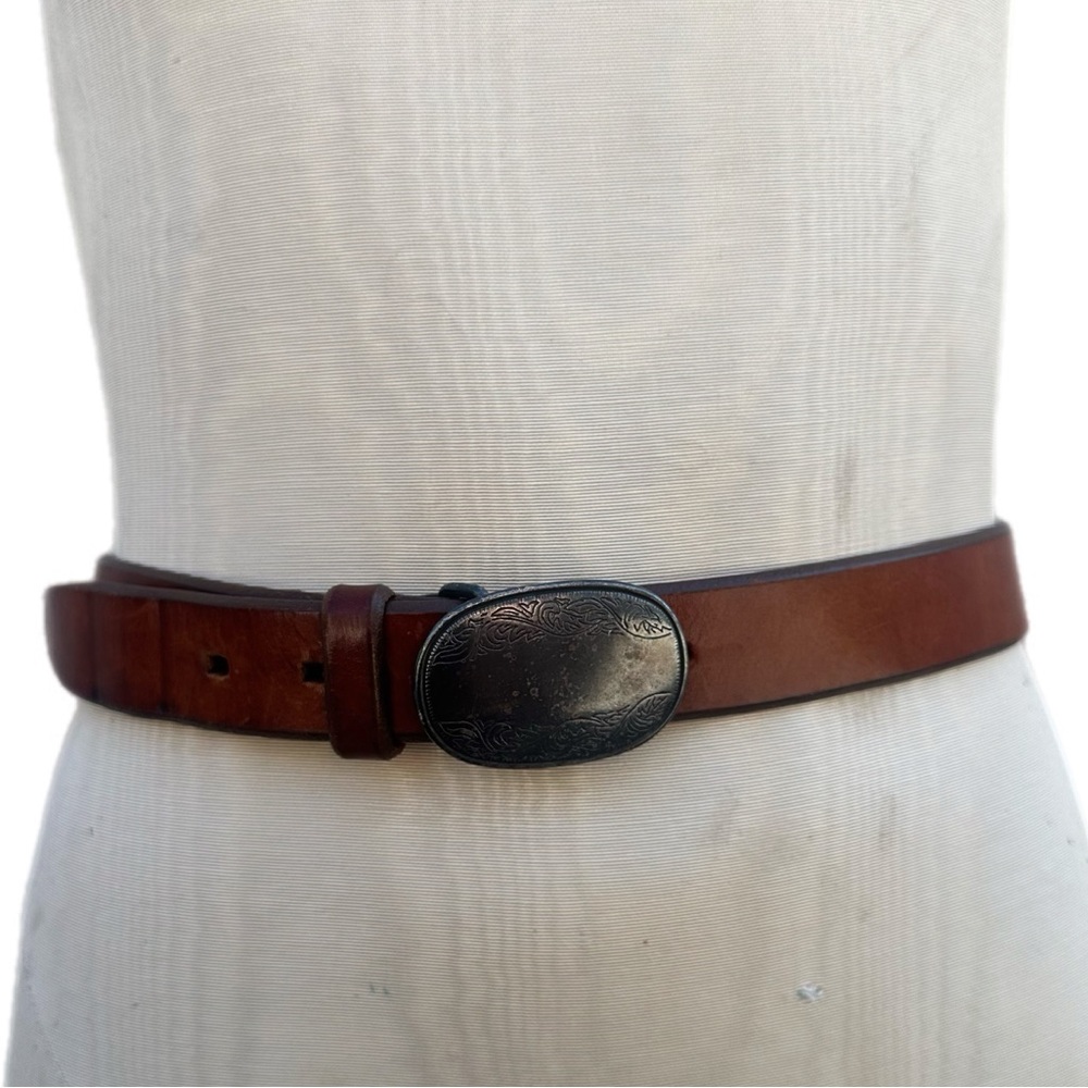 Vintage Eddie Bauer USA Leather Belt Engraved Oval Buckle Made in Spain Size M